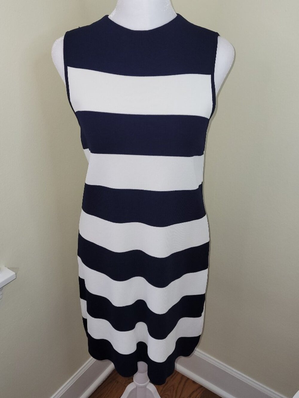 Eliza J Dress Navy Blue White Striped Textured Knit Sheath Crew Neck Women's 4P - Picture 2 of 11
